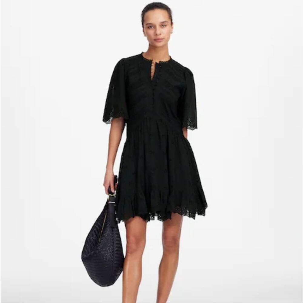 Madewell Eyelet Flutter Sleeve Mini Dress Jet Black Pockets - 4 NWT 100% Cotton